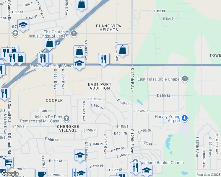 map of restaurants, bars, coffee shops, grocery stores, and more near 12413 East 13th Street in Tulsa