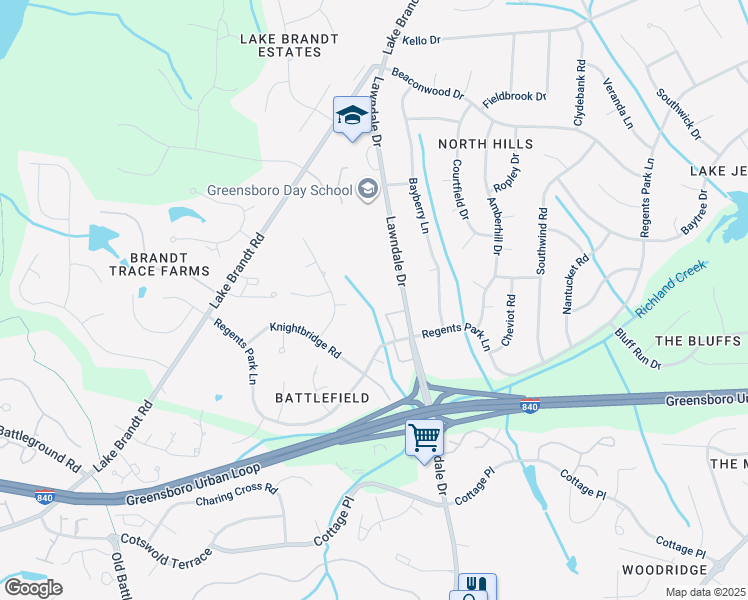 map of restaurants, bars, coffee shops, grocery stores, and more near 5119 Lawndale Drive in Greensboro