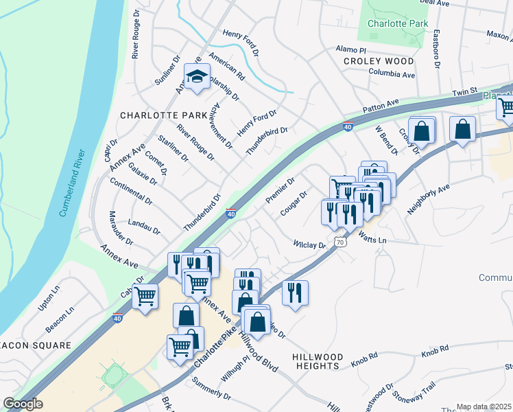 map of restaurants, bars, coffee shops, grocery stores, and more near 6526 Premier Drive in Nashville