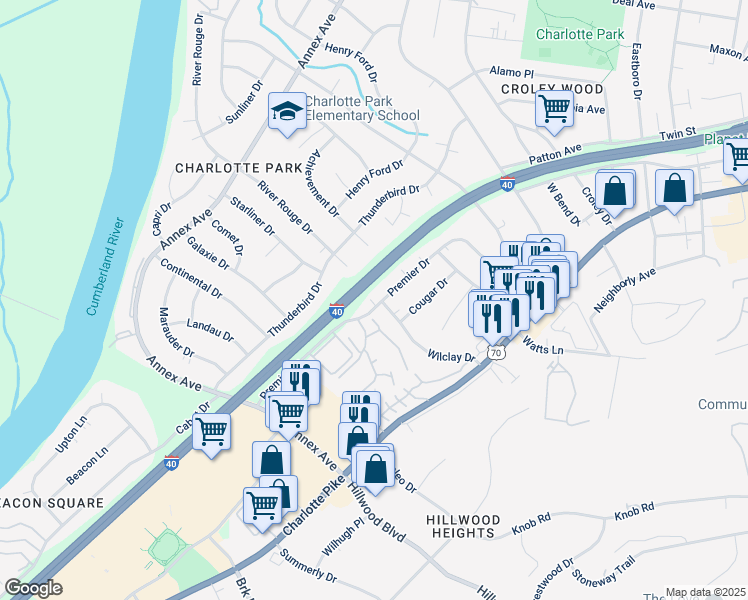 map of restaurants, bars, coffee shops, grocery stores, and more near 6526 Premier Drive in Nashville
