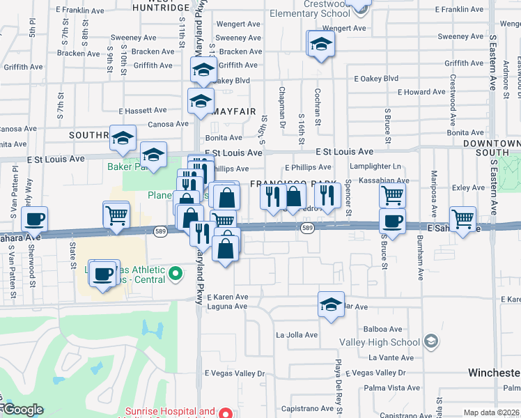 map of restaurants, bars, coffee shops, grocery stores, and more near 2309 South 15th Street in Las Vegas