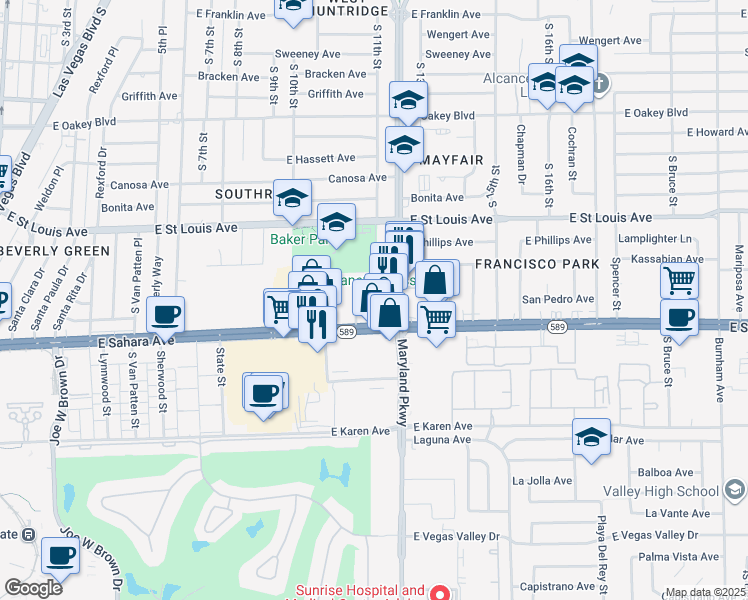 map of restaurants, bars, coffee shops, grocery stores, and more near 1140 Almond Tree Lane in Las Vegas
