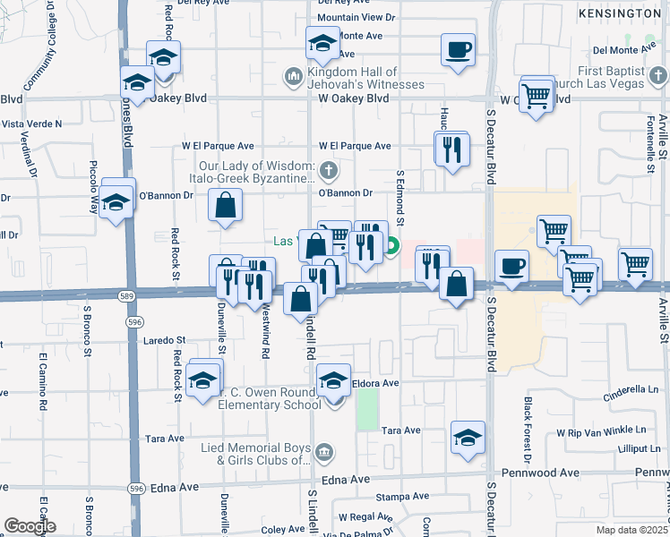 map of restaurants, bars, coffee shops, grocery stores, and more near 5420 West Sahara Avenue in Las Vegas