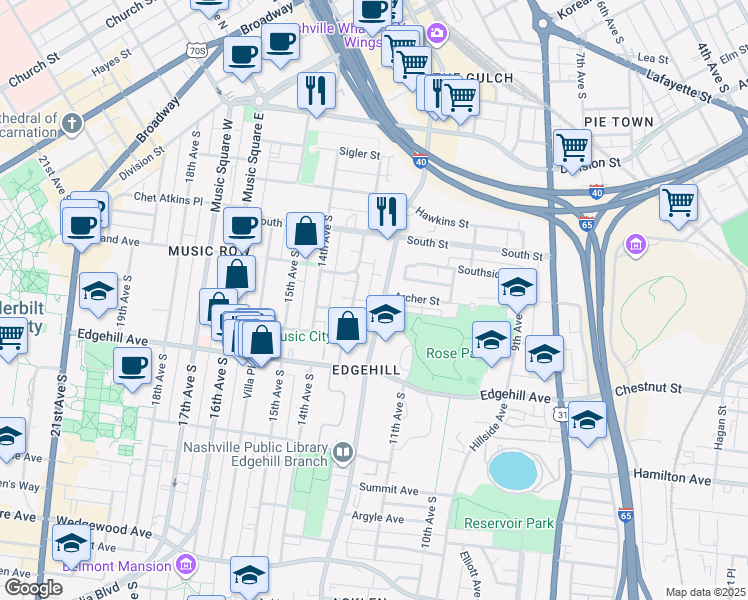 map of restaurants, bars, coffee shops, grocery stores, and more near 1018 13th Avenue South in Nashville