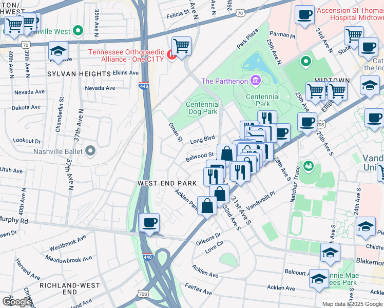 map of restaurants, bars, coffee shops, grocery stores, and more near 3127 Long Boulevard in Nashville