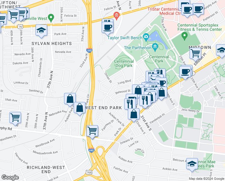 map of restaurants, bars, coffee shops, grocery stores, and more near 3138 Long Boulevard in Nashville
