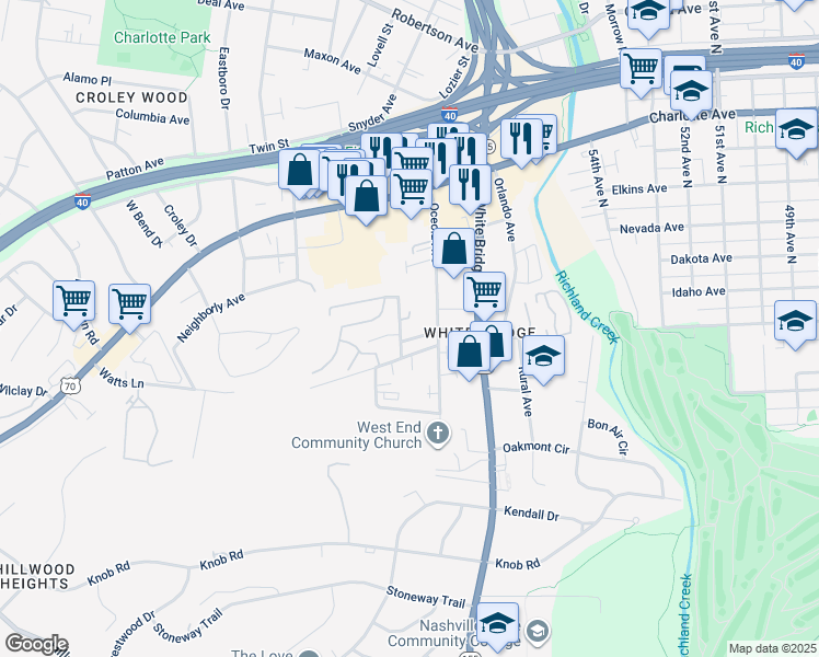 map of restaurants, bars, coffee shops, grocery stores, and more near 210 Bellmore Avenue in Nashville