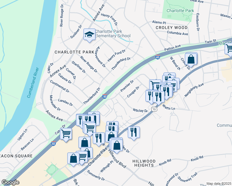 map of restaurants, bars, coffee shops, grocery stores, and more near 6526 Premier Drive in Nashville