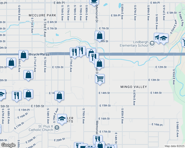 map of restaurants, bars, coffee shops, grocery stores, and more near 1220 South Memorial Drive in Tulsa