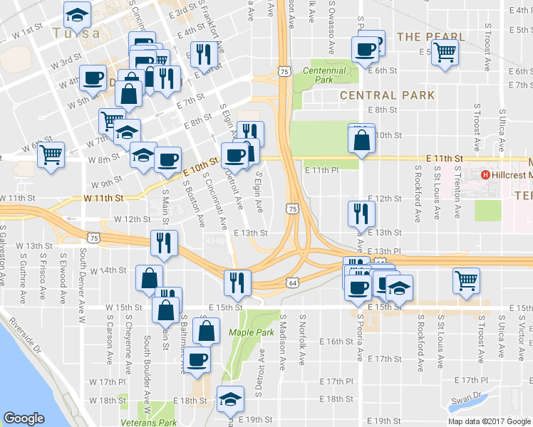 map of restaurants, bars, coffee shops, grocery stores, and more near 1212 South Elgin Avenue in Tulsa