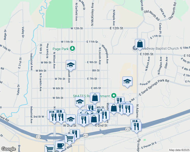 map of restaurants, bars, coffee shops, grocery stores, and more near 716 North Lincoln Avenue in Sand Springs