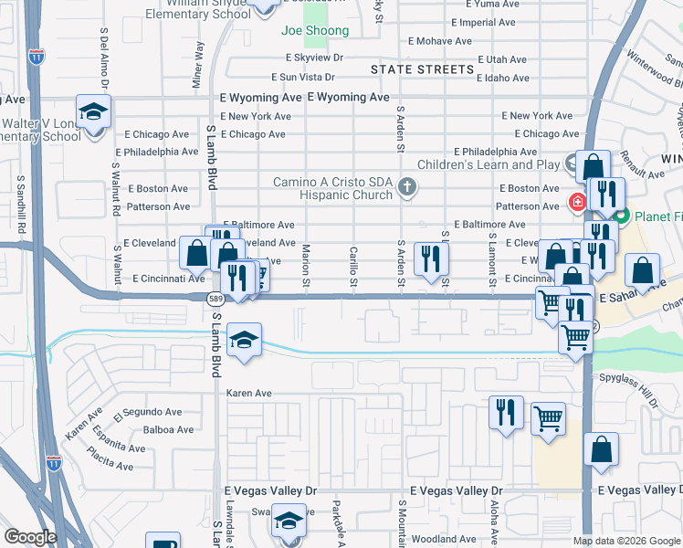 map of restaurants, bars, coffee shops, grocery stores, and more near 4471 Welter Avenue in Las Vegas
