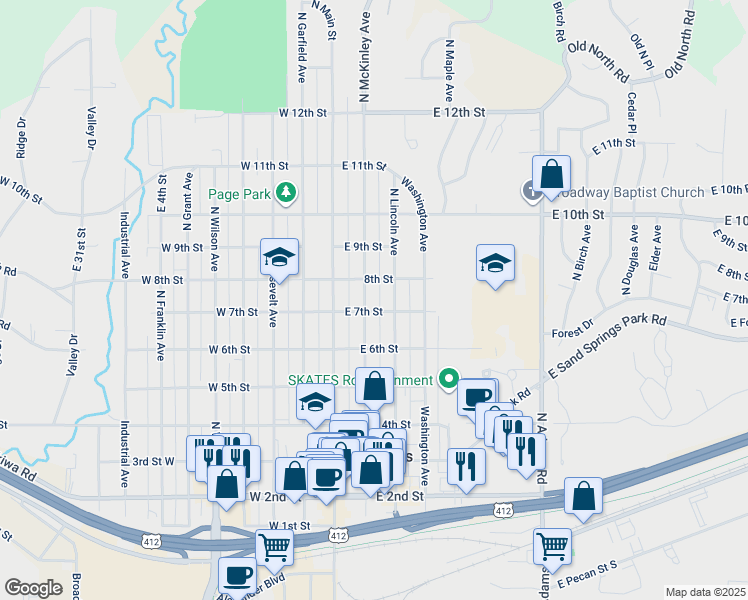map of restaurants, bars, coffee shops, grocery stores, and more near 716 North Lincoln Avenue in Sand Springs