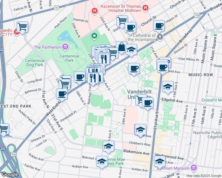 map of restaurants, bars, coffee shops, grocery stores, and more near 2420 Vanderbilt Place in Nashville
