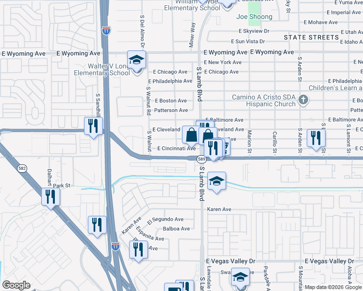 map of restaurants, bars, coffee shops, grocery stores, and more near 4120 East Cincinnati Avenue in Las Vegas