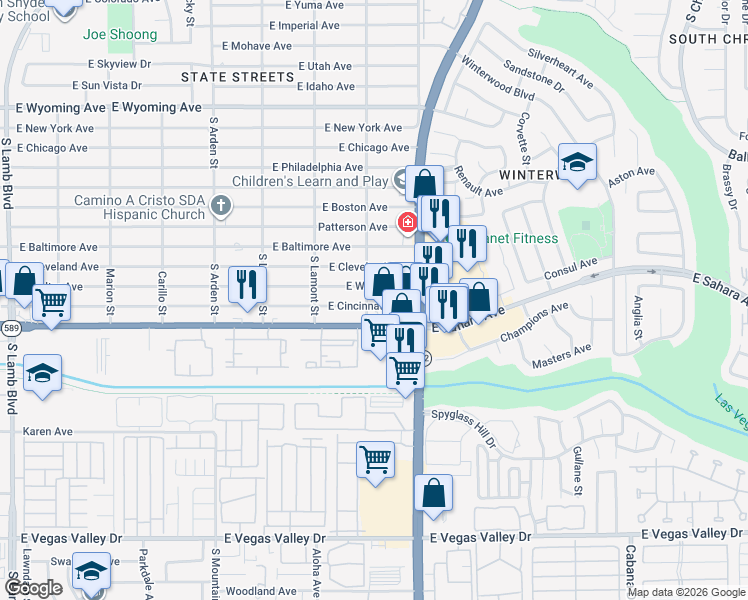 map of restaurants, bars, coffee shops, grocery stores, and more near 4895 Welter Avenue in Las Vegas