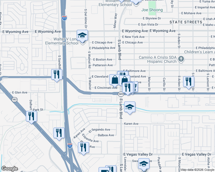 map of restaurants, bars, coffee shops, grocery stores, and more near 4131 Welter Avenue in Las Vegas