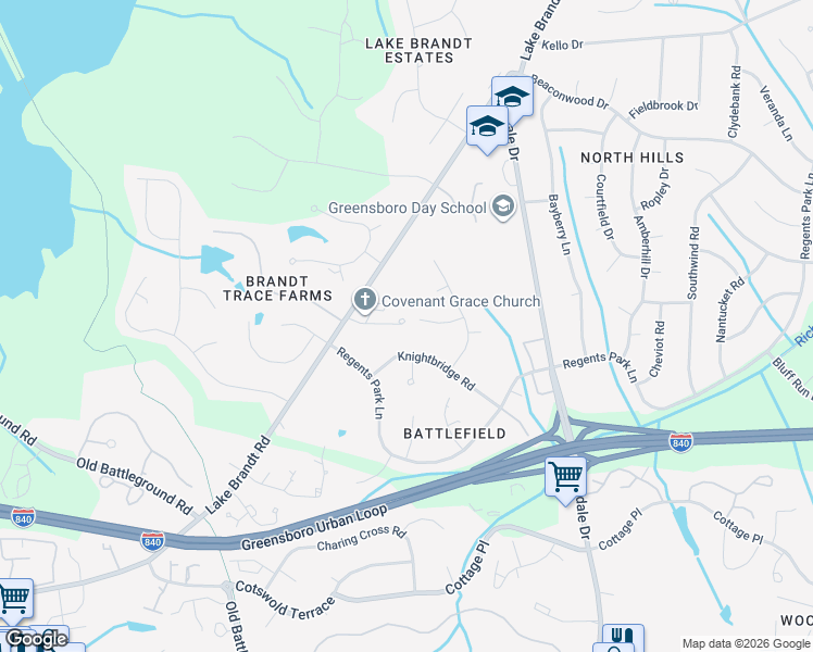 map of restaurants, bars, coffee shops, grocery stores, and more near 3 Penton Ridge Court in Greensboro
