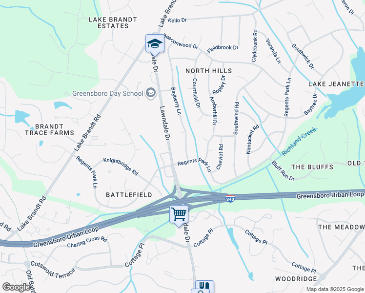 map of restaurants, bars, coffee shops, grocery stores, and more near 5109 Bayberry Lane in Greensboro