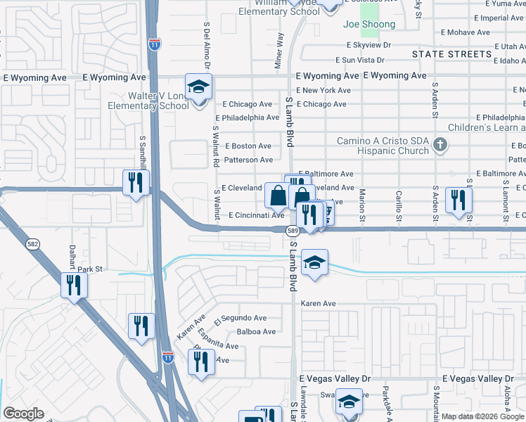 map of restaurants, bars, coffee shops, grocery stores, and more near 4120 East Cincinnati Avenue in Las Vegas