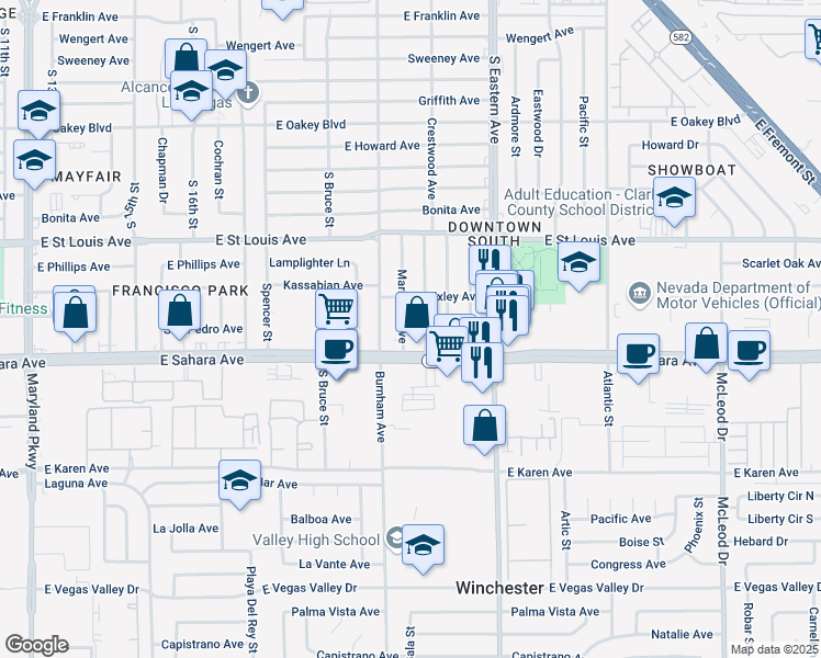 map of restaurants, bars, coffee shops, grocery stores, and more near 2325 Mariposa Avenue in Las Vegas