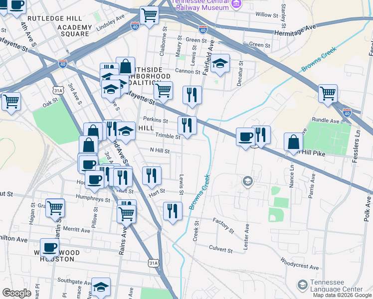 map of restaurants, bars, coffee shops, grocery stores, and more near 69 Trimble Street in Nashville
