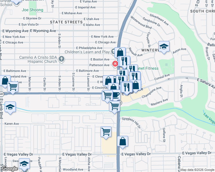 map of restaurants, bars, coffee shops, grocery stores, and more near 4922 East Cincinnati Avenue in Las Vegas