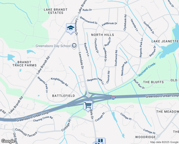 map of restaurants, bars, coffee shops, grocery stores, and more near 5109 Bayberry Lane in Greensboro