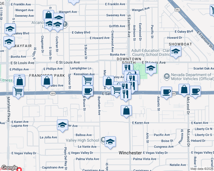 map of restaurants, bars, coffee shops, grocery stores, and more near 2325 Mariposa Avenue in Las Vegas