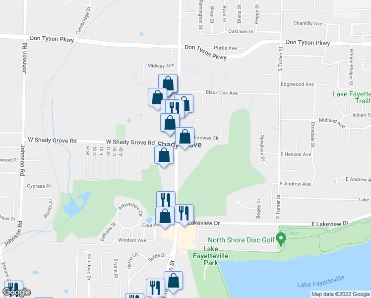 map of restaurants, bars, coffee shops, grocery stores, and more near 4401 South Thompson Street in Springdale
