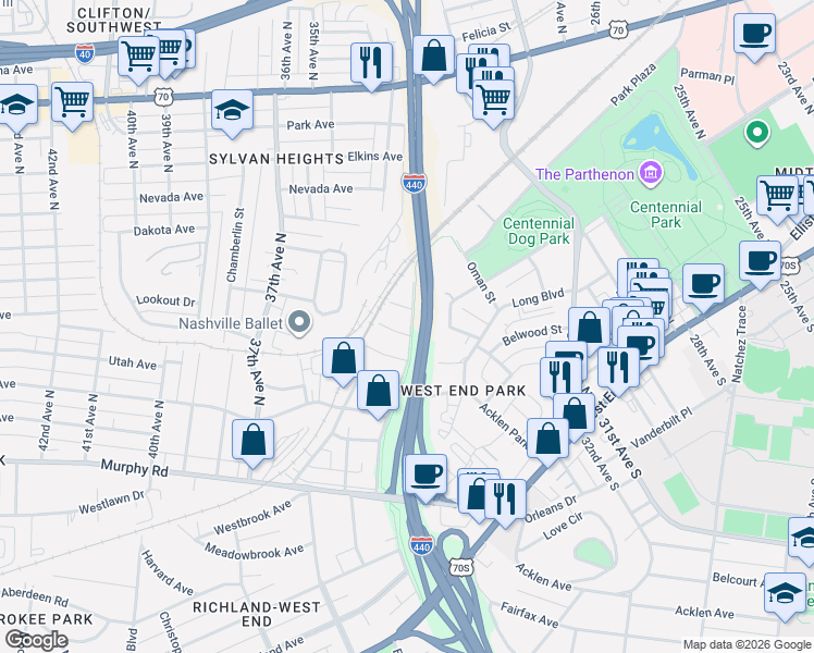 map of restaurants, bars, coffee shops, grocery stores, and more near 721 Park Circle in Nashville
