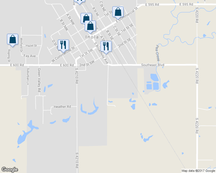 map of restaurants, bars, coffee shops, grocery stores, and more near 385 South Broadway Avenue in Inola