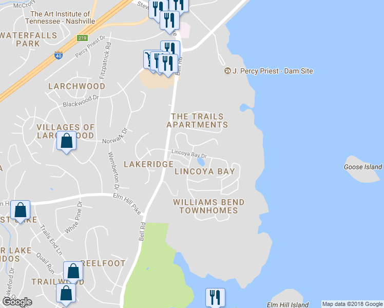 map of restaurants, bars, coffee shops, grocery stores, and more near 1399 Lincoya Bay Drive in Nashville