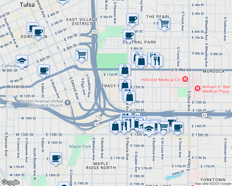 map of restaurants, bars, coffee shops, grocery stores, and more near 1215 South Newport Avenue in Tulsa