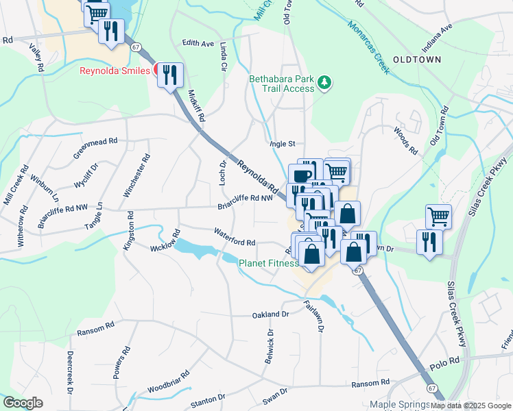 map of restaurants, bars, coffee shops, grocery stores, and more near 3020 Briarcliffe Road in Winston-Salem