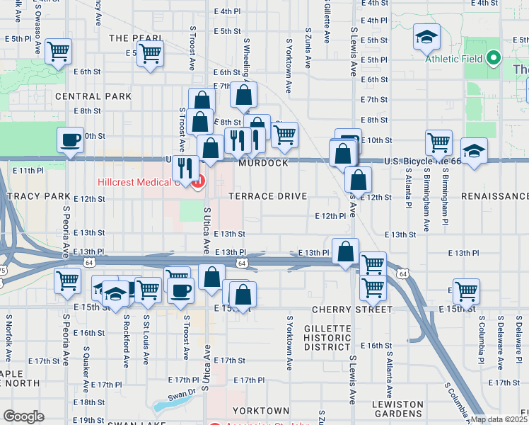 map of restaurants, bars, coffee shops, grocery stores, and more near 2003 East 12th Place in Tulsa