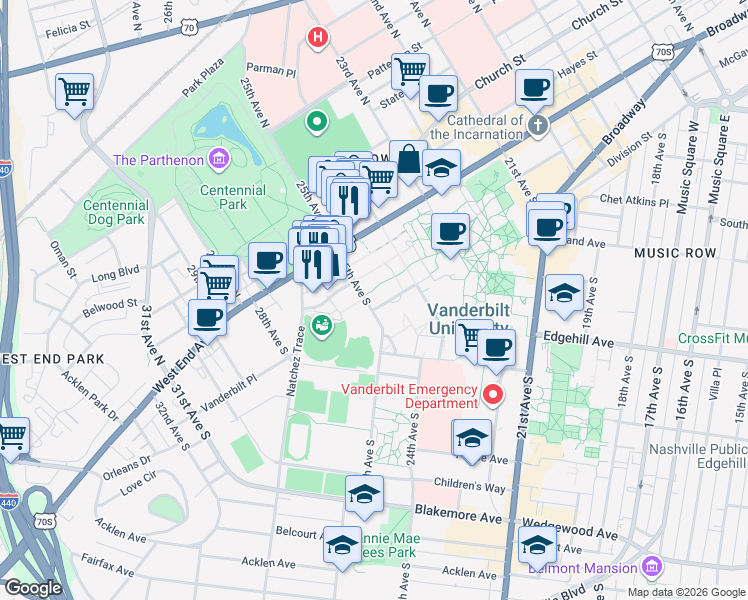map of restaurants, bars, coffee shops, grocery stores, and more near 2420 Vanderbilt Place in Nashville