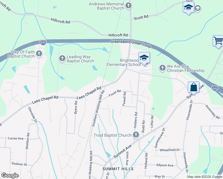 map of restaurants, bars, coffee shops, grocery stores, and more near 2406 Lees Chapel Road in Greensboro