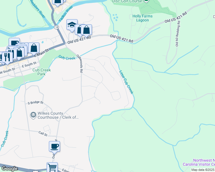 map of restaurants, bars, coffee shops, grocery stores, and more near 440 Shady Lane in Wilkesboro