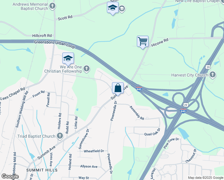 map of restaurants, bars, coffee shops, grocery stores, and more near 2103 Brightwood School Road in Greensboro
