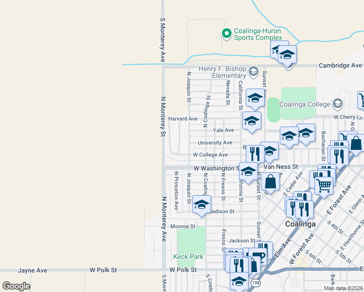 map of restaurants, bars, coffee shops, grocery stores, and more near 974 North Princeton Avenue in Coalinga
