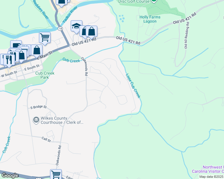 map of restaurants, bars, coffee shops, grocery stores, and more near 440 Shady Lane in Wilkesboro