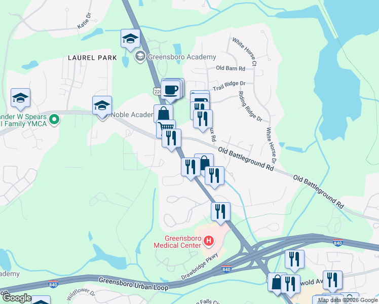 map of restaurants, bars, coffee shops, grocery stores, and more near 3928 Battleground Avenue in Greensboro