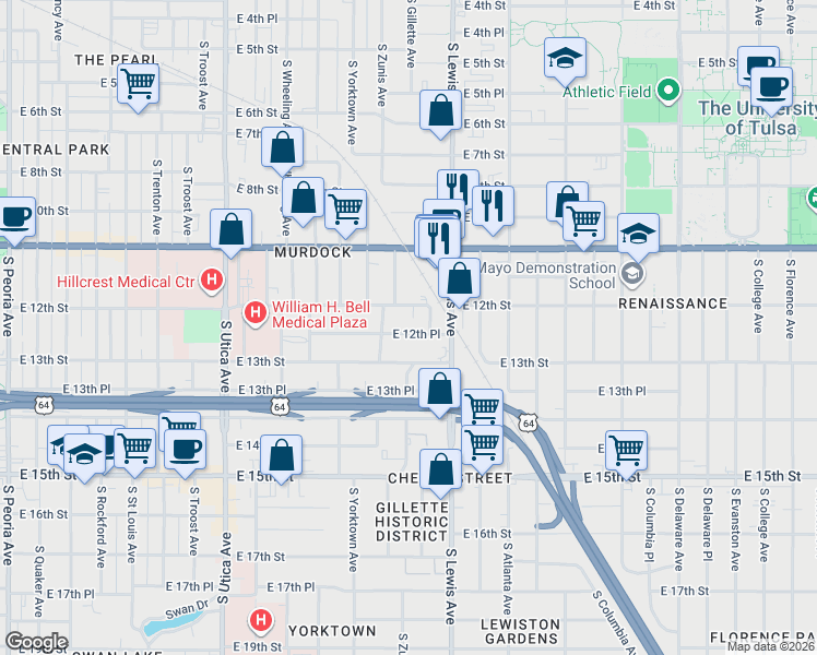 map of restaurants, bars, coffee shops, grocery stores, and more near 2230 East 12th Street in Tulsa