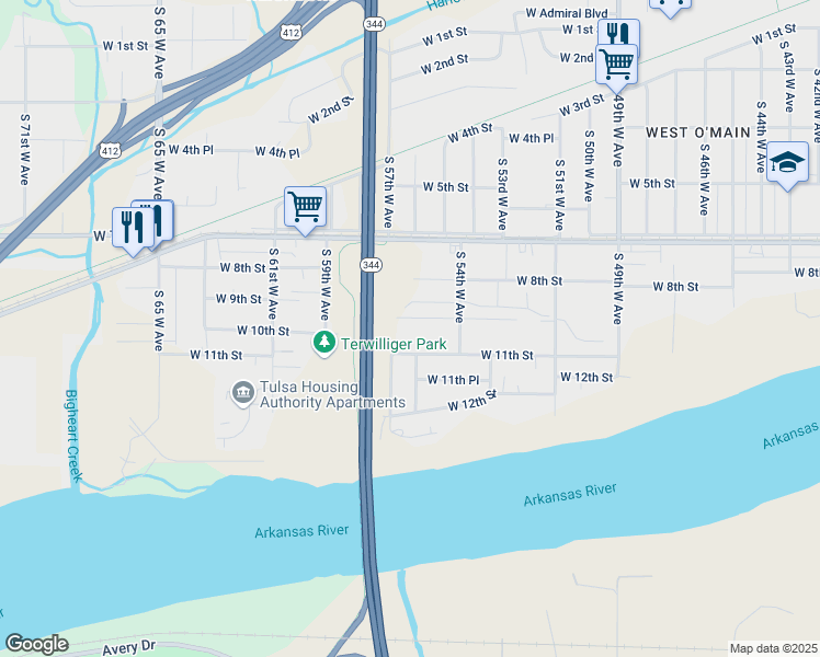 map of restaurants, bars, coffee shops, grocery stores, and more near 5440 West 10th Street in Tulsa
