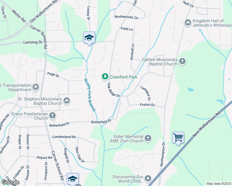 map of restaurants, bars, coffee shops, grocery stores, and more near 4211 Oak Ridge Drive in Winston-Salem