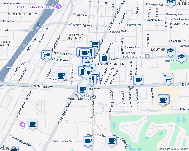 map of restaurants, bars, coffee shops, grocery stores, and more near 2205 South Las Vegas Boulevard in Las Vegas