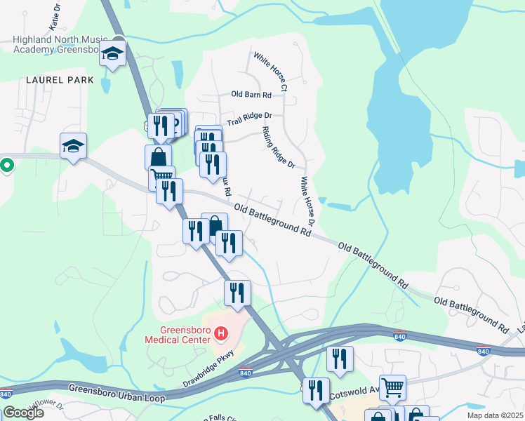 map of restaurants, bars, coffee shops, grocery stores, and more near 5000 Steepleshire Place in Greensboro