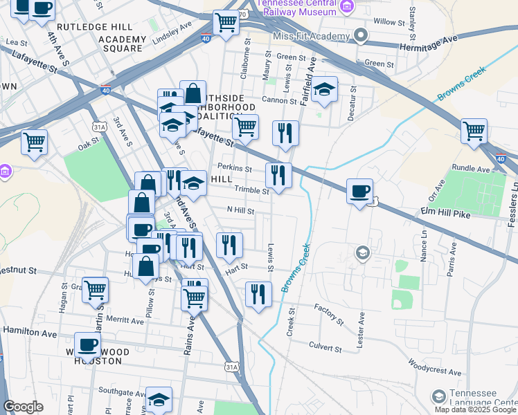 map of restaurants, bars, coffee shops, grocery stores, and more near 34C North Hill Street in Nashville