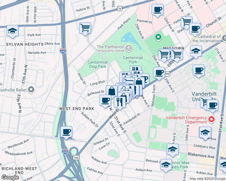 map of restaurants, bars, coffee shops, grocery stores, and more near 3002 Poston Avenue in Nashville